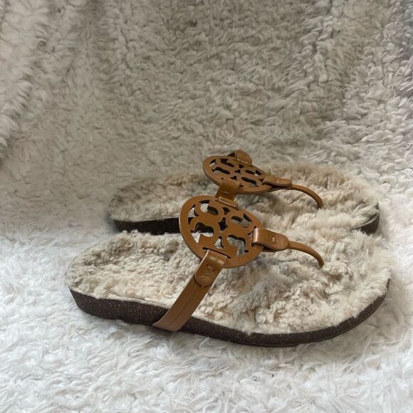 Tory Burch Miller Cloud Shearling Leather tan Sandals SZ10M - Picture 2 of 9